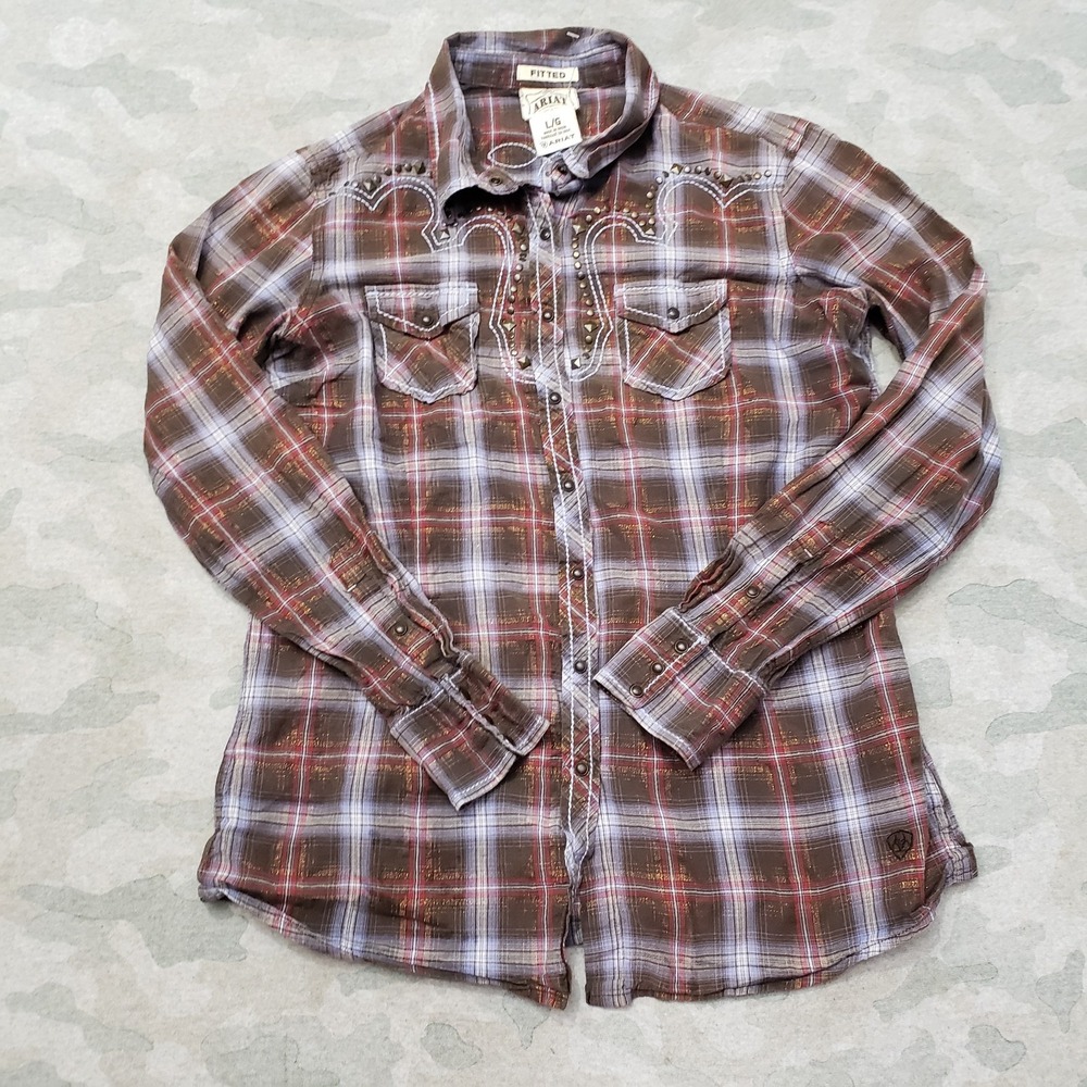 Ariat Top Womens Large Brown Fitted Pockets Pearl Snap Long Sleeve Western Rodeo